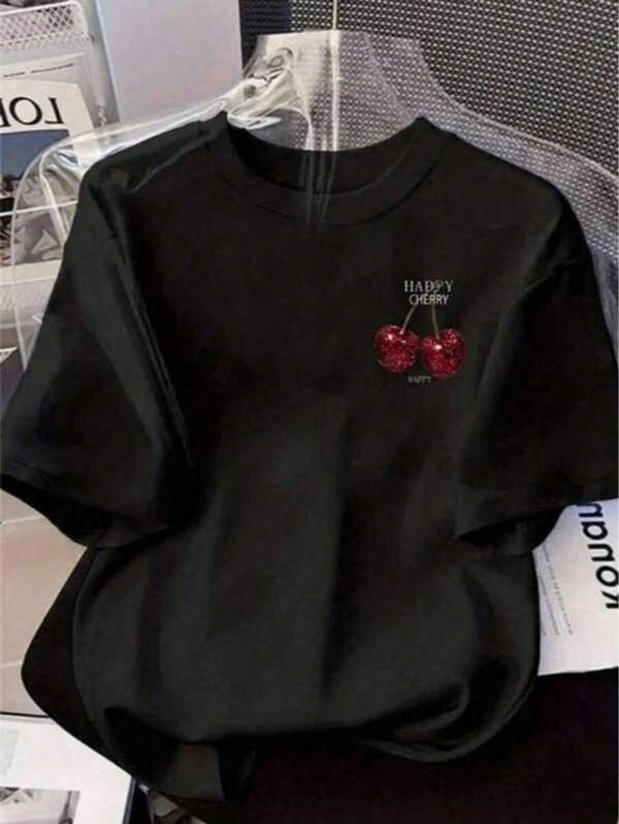 Camiseta mujer estilo minimalista estampado de cereza tela suave holgada cuello redondo manga corta primavera verano uso casual combinable