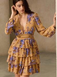 Aveloria Revavyn Vestido de manga larga con estampado aleatorio de moda para mujer, atuendo de vacaciones - Marrón - Ver 4