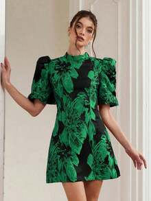 Aveloria Revavyn Vestido corto minimalista de manga corta con cintura ceñida, estampado todo sobre, de estilo bohemio y de vacaciones, con base negra y contraste de color burdeos, manga abullonada y estilo jacquard, para verano, primavera, otoño - Verde - Ver 3