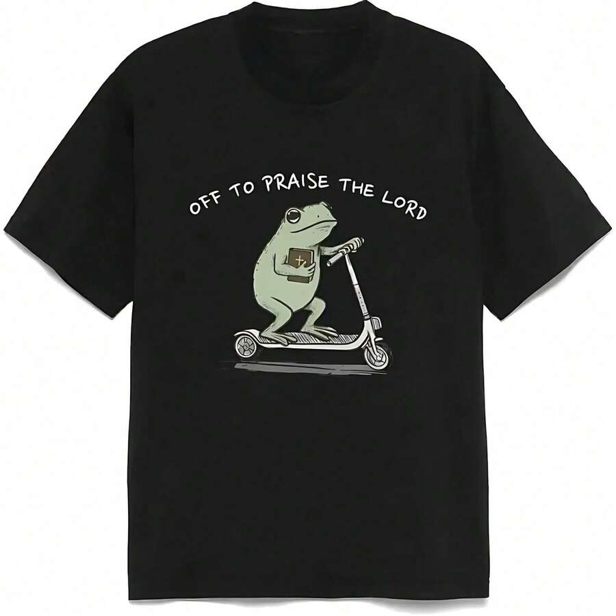 Christian T-Shirt, Funny T-Shirt With A Frog "Go And Praise The Lord", Humorous Bible Study T-Shirt, T-Shirts With Good Graphics For Men And Women. XFJB - 黑色 - 查看 1