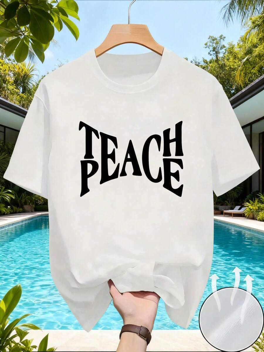 Casual Style Men's T-Shirt Peace Text Design Summer Wear Gift For Friends - White - View 1