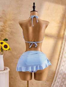 Conjunto de traje de baño de 3 piezas para mujer con parte superior de bikini con escote en V, tirantes y volantes, Bottom triangular y falda, para el verano - Azul y blanco - Ver 2