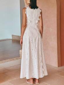 Vestido largo verano mujer encaje bordado lazos elegante ajustado estilo vacaciones moda europea - Blanco - Ver 2
