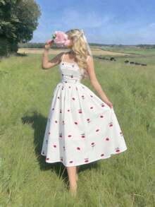 MOD Vestido midi con volantes y decoración de rosa roja con lazo - Romántico y soñador, para fiesta de té en el jardín, cita, fiesta, vestido de verano y primavera para mujer, ropa de playa, vacaciones de primavera, picnic, festival, atuendo de cumpleaños - Verde - Ver 8