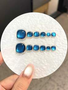 12片装【脚趾甲】高品质夏季小巧清新手工按压式脚趾甲,蓝宝石点钻猫眼美甲,适合女士和女孩日常舞会佩戴。按压式美甲配有果冻胶和可拆卸重复使用的磨砂条。 - 藍色 - 查看 13