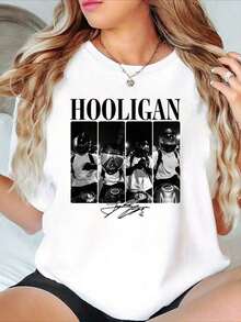 Colección de Moda Femenina Primavera/Verano.Esta camiseta presenta un estampadoípico del estilo streetwear americano, con detalles que irradian el aire relajado de la cultura de los motociclistas. Una camiseta holgada, casual y versátil. - Negro - Ver 6