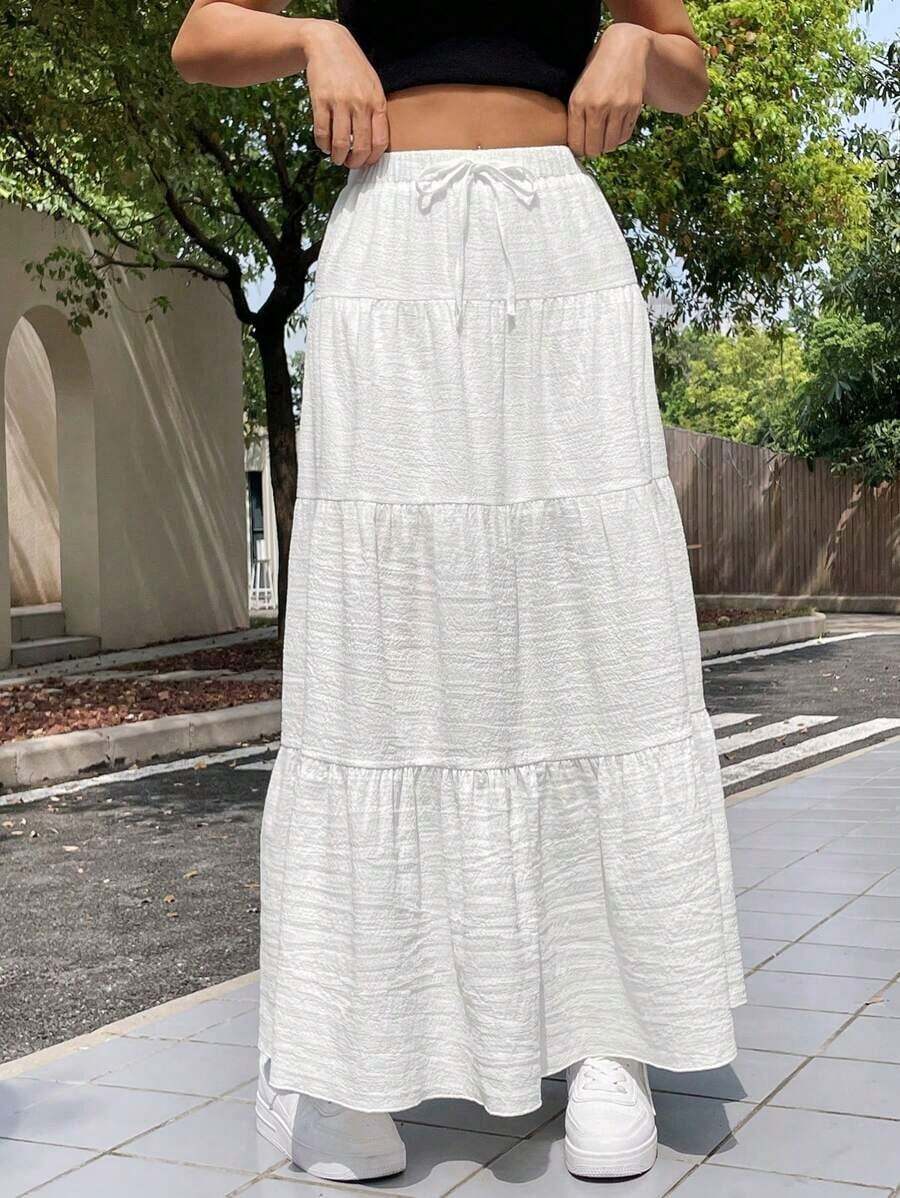 Falda blanca de mujer para vacaciones con diseño entretejido, casual con cordón, volantes en el bajo, de corte maxi en capas, de talle ultra bajo, de ajuste regular, para uso diario casual en primavera/otoño - Blanco - Ver 1