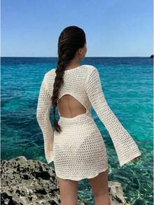Short Beach Dress With Long Sleeves, Sheer Back Neckline And Openwork Details, Solid Color And Sexy Design, For Spring/Summer - Milky White - View 5