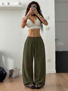 100% Cotton Washed White Trousers, Basic Minimalist Bohemian Style, For Summer Concerts, Outings And The Beach - 卡其色 - 查看 3