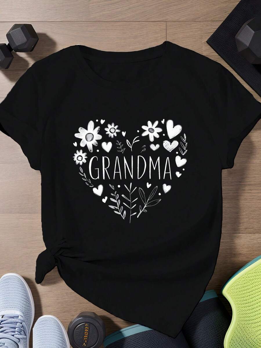 Oversized Extra Large Women's Short Sleeve Sports T-Shirt With Heart Shape And The Word "Grandma", 100% Cotton - 黑色 - 查看 1
