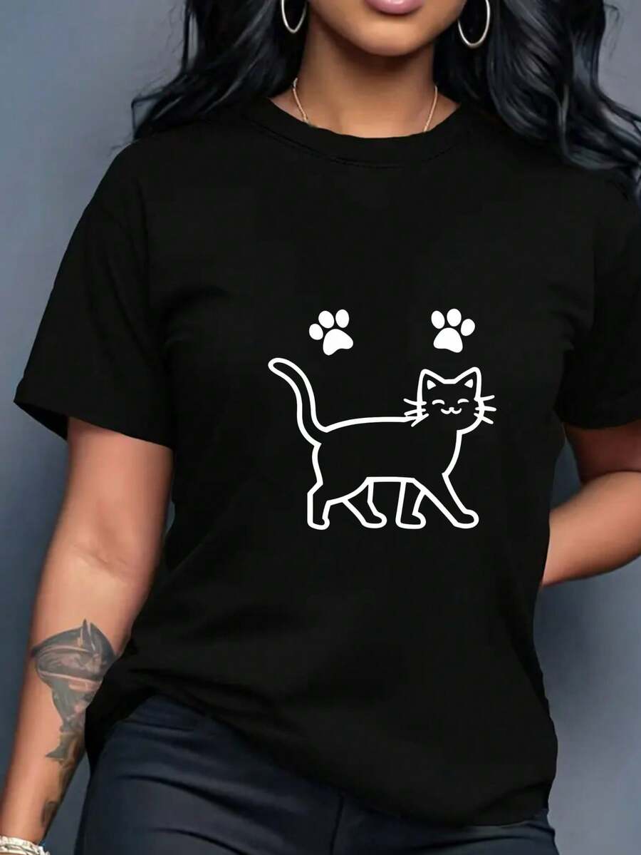 Women's Short Sleeve T-Shirt With Cat And White Paw Print Design - Soft And Breathable Fabric, Machine Washable, Comfortable Fit For Casual Wear, All Seasons Clothing, Fun T-Shirt - 黑色 - 查看 1