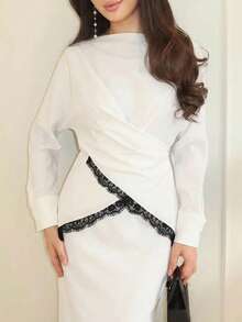 Women's Elegant Commuter Color Block Lace Patchwork Round Neck Long Sleeve Asymmetric Blouse. Solid Woven Fabric With Buttons White - White - View 1