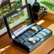 12格PU皮革手表盒，配有透明玻璃盖和金属锁，奢华防尘手表展示收纳盒，内衬柔软绒布，大容量珠宝盒，适合个人收藏和馈赠。 - 彩色 - 查看 2