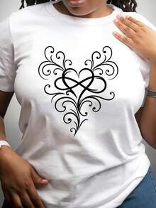 Women's Fun Short-Sleeved T-Shirt With "Artistic Heart" Print, Suitable For Daily Wear, Made Of Soft And Breathable Polyester Fiber, With Medium Elasticity, Machine Washable, Casual Short-Sleeved T-Shirt With Round Neck And Print, Round Neck Top, Short-Sleeved Top For Summer. - 白色 - 查看 7