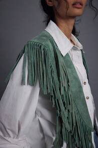 Women's Suede Tassel Vest 70s Hippie Outfit Sleeveless Open Front Vest Western Collar - Verde - Ver 3