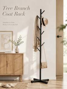 1pc Modern Freestanding Iron Coat Rack, Bedroom Clothes Hanger With Cross Base, Seamless Connection, Smooth Pole, Adjustable Stable Base, Suitable For Coats And Hats - Cross-shaped Tree Branch Design [Black] - View 9