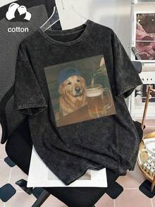 大码女式休闲复古金毛犬和啤酒印花圆领短袖T恤，适合春、秋、夏度假穿着，黑色 - 黑色 - 查看 7
