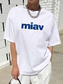 1 Piece Women's Casual Short Sleeve Crew Neck T-Shirt, Deep Blue, MIIAV Letter Print, Breathable, Regular Fit Summer Top, Machine Washable, For Casual Wear, Mix And Match Piece, Minimalist Design, Soft Texture, Versatile Clothing, Simple Style, Lightweight Material, Printed T-Shirt, Urban Style, 180g 100% Cotton. - 白色 - 查看 1