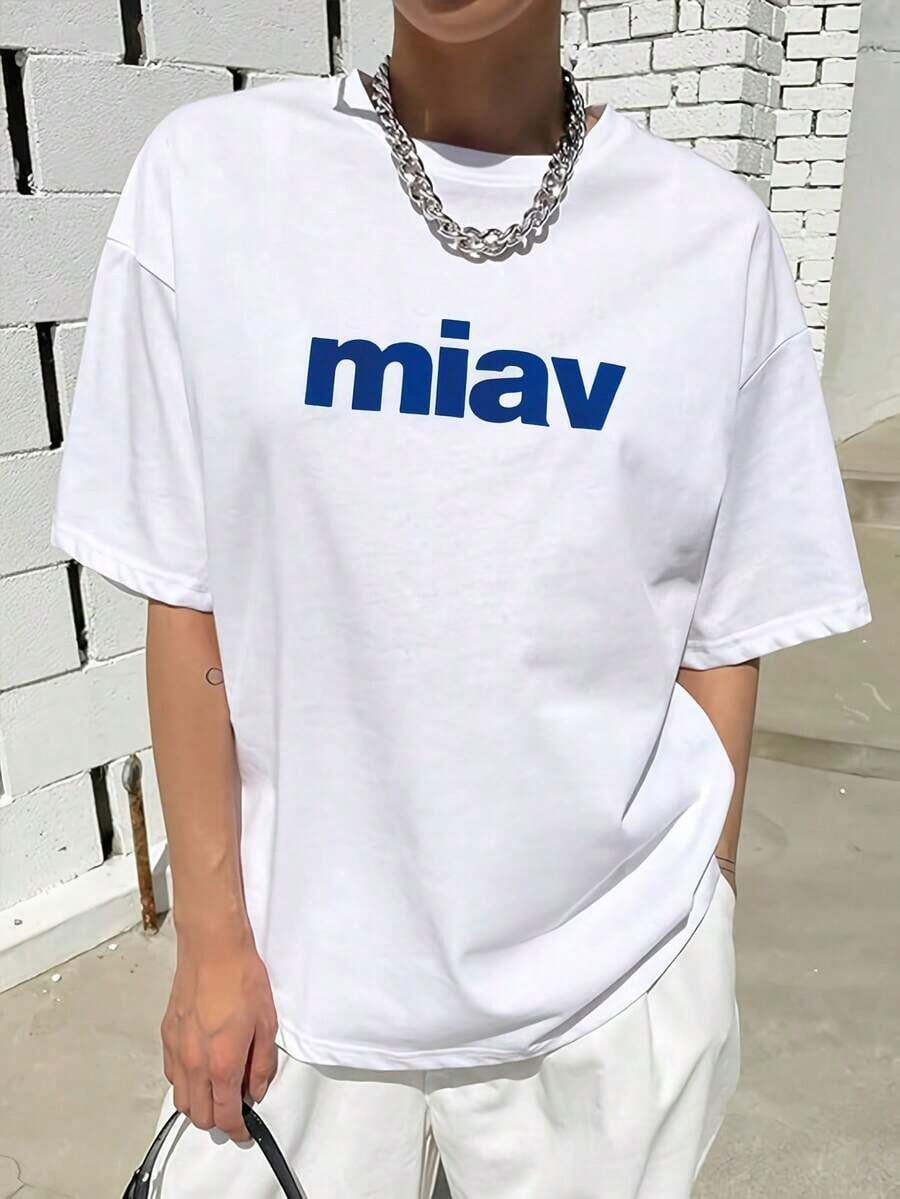 1 Piece Women's Casual Short Sleeve Crew Neck T-Shirt, Deep Blue, MIIAV Letter Print, Breathable, Regular Fit Summer Top, Machine Washable, For Casual Wear, Mix And Match Piece, Minimalist Design, Soft Texture, Versatile Clothing, Simple Style, Lightweight Material, Printed T-Shirt, Urban Style, 180g 100% Cotton. - 白色 - 查看 1