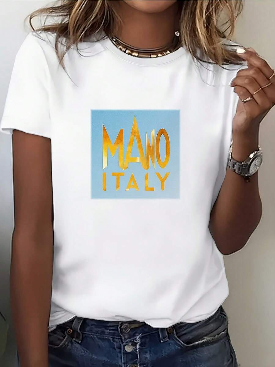1 pieza de camiseta italiana suave de 180 g para mujer, estilo casual, cuello redondo, con estampado de verano, regalo para el Día de San Valentín, ajuste cómodo, esencial para salidas familiares, ropa urbana de moda, 180 g, 100% algodón. - Blanco - Ver 1