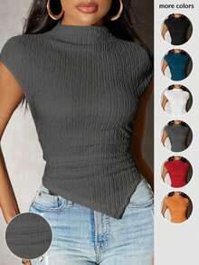 Camiseta de punto con bajo asimétrico de unicolor para mujer, primavera - Gris - Ver 9