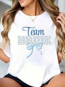 One-Piece Short-Sleeved T-Shirt, 100% Cotton, With Blue Bow And Floral Print, For Bridal Parties, For Women. 210g 100% Cotton, Prints Are Fully Printed. Unisex. Casual - 白色 - 查看 7