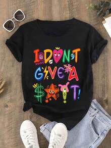 New Arrivals For Summer.Plus Size-Women's Colorful Graphic T-Shirt, "I DON'T GIVE A" Bold Text, Casual Loose Fit, Summer T-Shirt, Comfortable Style, Plus Size-1-5Blouse,Shirt > Beautiful. - 黑色 - 查看 4