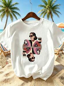 Camiseta de Mujer: Camiseta blanca de manga corta para mujer, de estilo retro y a la moda, decorada con un estampado de reina del poker, elegante y con estilo, que muestra a una mujer sosteniendo una taza de café, ropa casual de estilo urbano, atuendo clásico de verano, adecuada para salidas diarias, noches de cine y fiestas sociales. Camisetas para Mujer. - Blanco - Ver 3