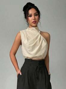 Blusa sin mangas de cuello alto de lino para mujer, blusa para ir al trabajo, camisa sin mangas asimétrica, adecuada para ir al trabajo, elegante, vacaciones, playa, estilo bohemio, Hawái, Día del Maestro, festival de música - Albaricoque - Ver 1