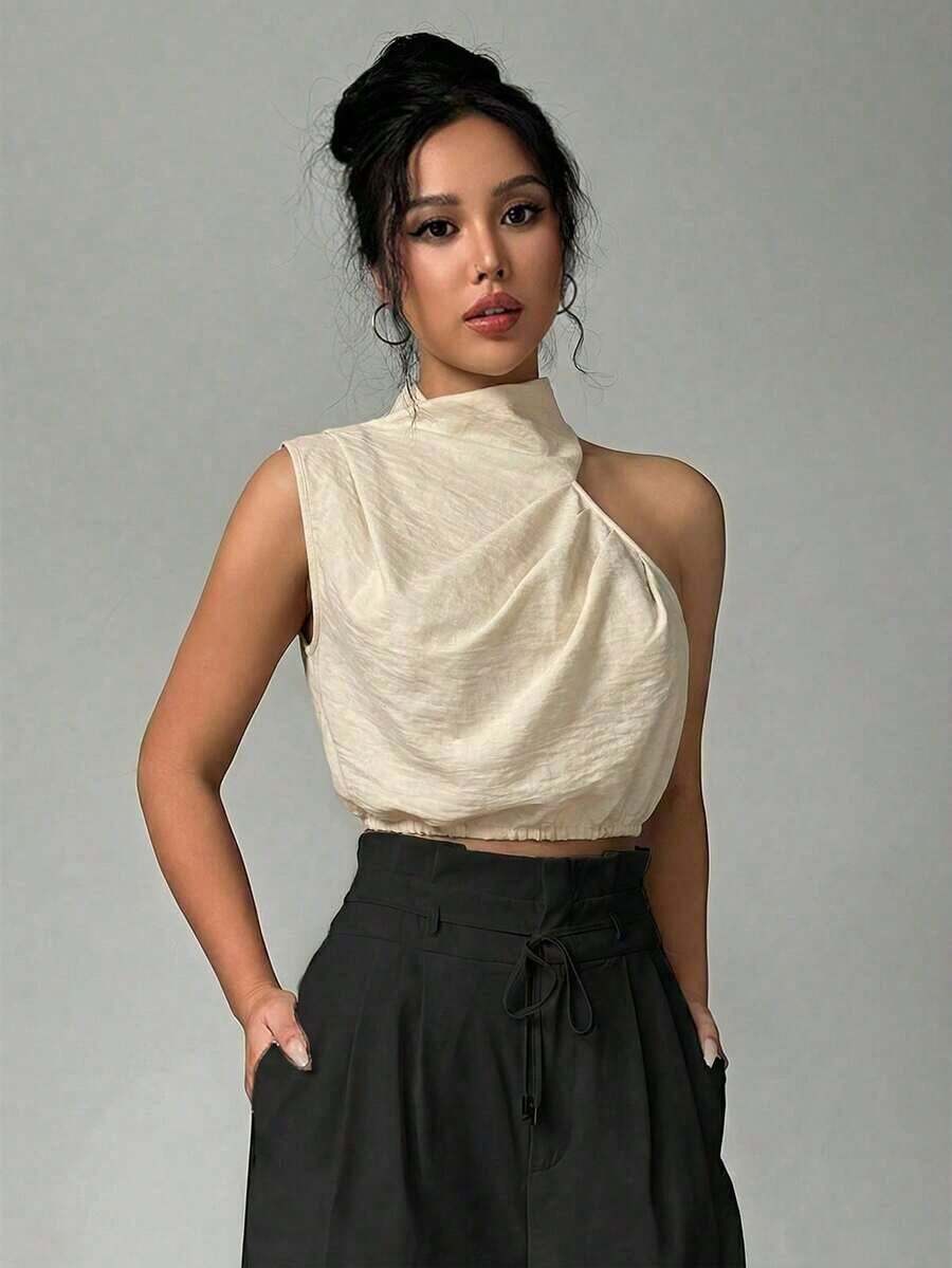 Blusa sin mangas de cuello alto de lino para mujer, blusa para ir al trabajo, camisa sin mangas asimétrica, adecuada para ir al trabajo, elegante, vacaciones, playa, estilo bohemio, Hawái, Día del Maestro, festival de música - Albaricoque - Ver 1
