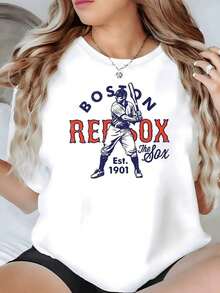 1 Piece Of Red Sox Baseball Graphic Print T-Shirt, For Sports Fans, Women's Casual Crew Neck Everyday Wear, Soft And Comfortable, 100% Cotton, Urban Vintage Style, Unisex, Loose Fit, Short Sleeve, Crew Neck. - 白色 - 查看 1
