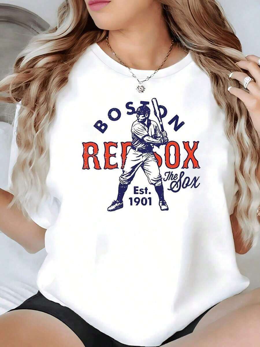 1 Piece Of Red Sox Baseball Graphic Print T-Shirt, For Sports Fans, Women's Casual Crew Neck Everyday Wear, Soft And Comfortable, 100% Cotton, Urban Vintage Style, Unisex, Loose Fit, Short Sleeve, Crew Neck. - 白色 - 查看 1