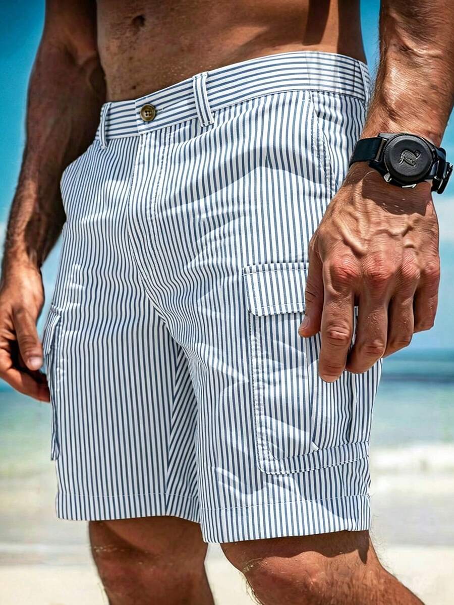 男士夏季工裝短褲,時尚大口袋夏威夷沙灘短褲,休閒寬鬆百慕達短褲,運動短褲,度假風 - 藍色 - 查看 1