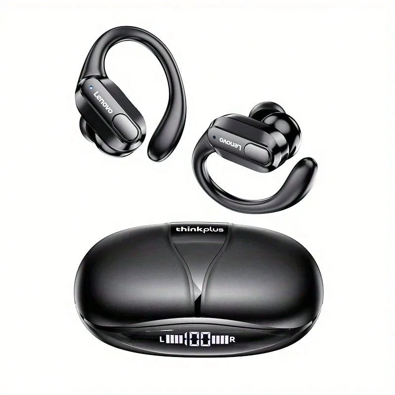 Auriculares inalámbricos Bluetooth Lenovo XT80, estilo gancho para la oreja, auriculares deportivos con excelente calidad de sonido, larga duración de la batería, comodidad y función de cancelación de ruido - Negro - Ver 1