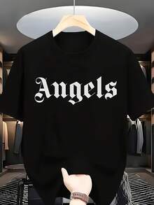 1 Men's Casual T-Shirt With "Angels" Print - Breathable Polyester Fabric, Summer Streetwear And Fashionable Basic T-Shirt For Everyday Wear With Printed Crew Neck (Soft And Comfortable Fit) 180g 100% Cotton - 黑色 - 查看 12