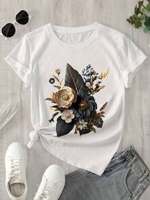 Camiseta Mujer Manga Corta Cuello Redondo, Estampado Verde y Dorado, Corte Regular, Tela Suave Transpirable, Lavable a Máquina, Ropa Primavera Verano 2. - Blanco - Ver 4