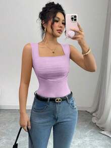 Camiseta sin mangas casual con cuello cuadrado y diseño plisado de unicolor para mujer - Morado - Ver 7