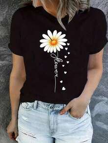 Women's Casual Floral Top, Round Neck, Spring/Summer Fashion, White Daisy Print, Sheer Fabric, Short-Sleeved Blouse With Gradient Daisy And Butterfly Print, Slightly Stretchy, Pretty Blouses For Women.XEWH - 黑色 - 查看 1