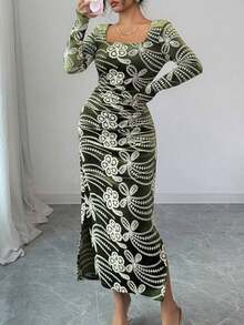 Vestido con estampado floral de primavera y verano, vestido elegante de manga larga transparente con dobladillo de sirena ajustado para festival de música, boda, fiesta, vestido de paseo - Verde - Ver 4