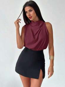 Blusa asimétrica plisada de color albaricoque, elegante y de moda para uso diario, oficina, vacaciones y festivales de música, primavera/verano - Burdeos - Ver 5