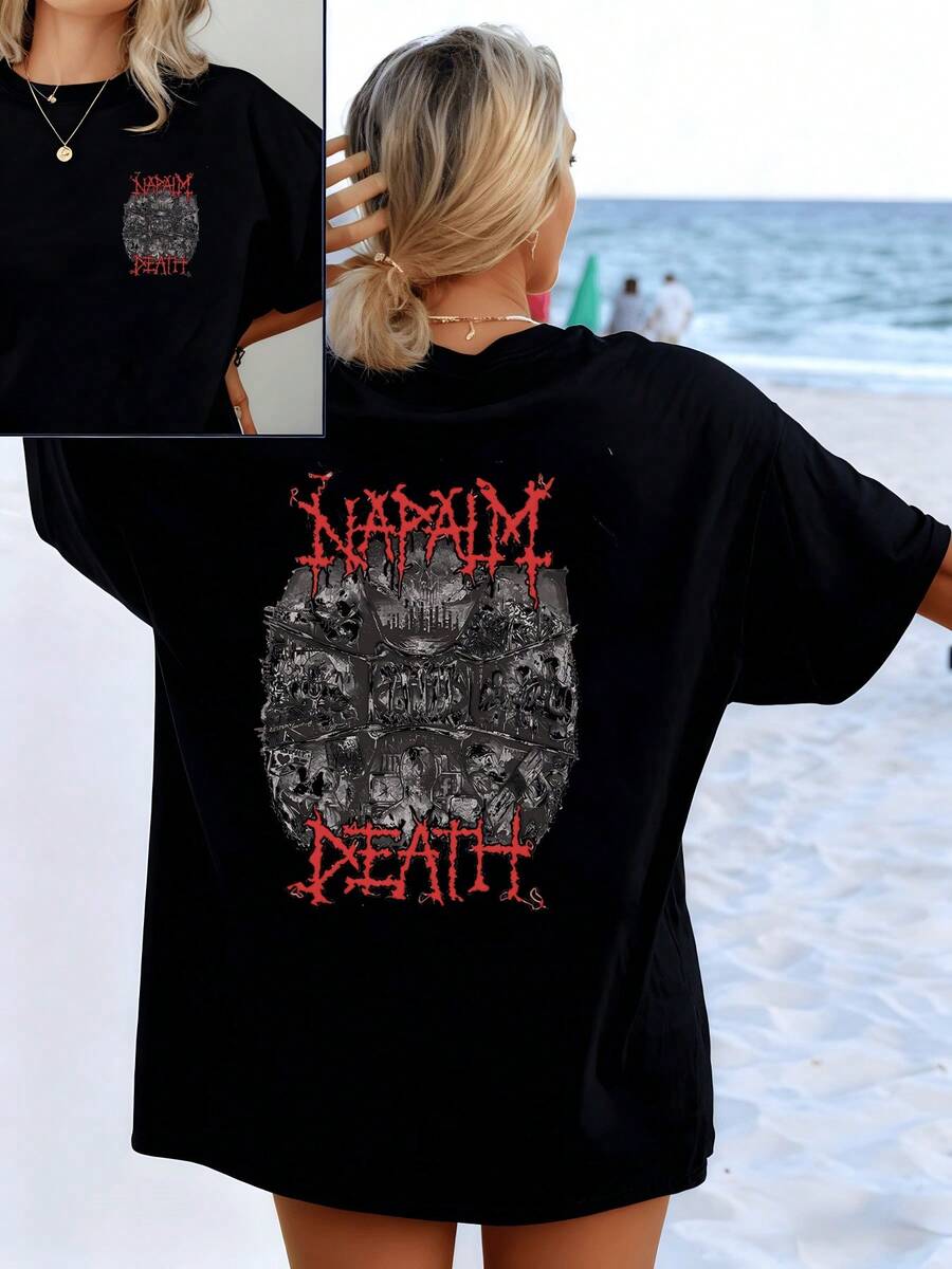 Rebel Spirit With Graphic Art That Expresses Inner Strength In The Face Of Darkness And Personal Liberation. Women's Double-Sided Printed T-Shirt, Casual And Modern For Beach And City. - 黑色 - 查看 1