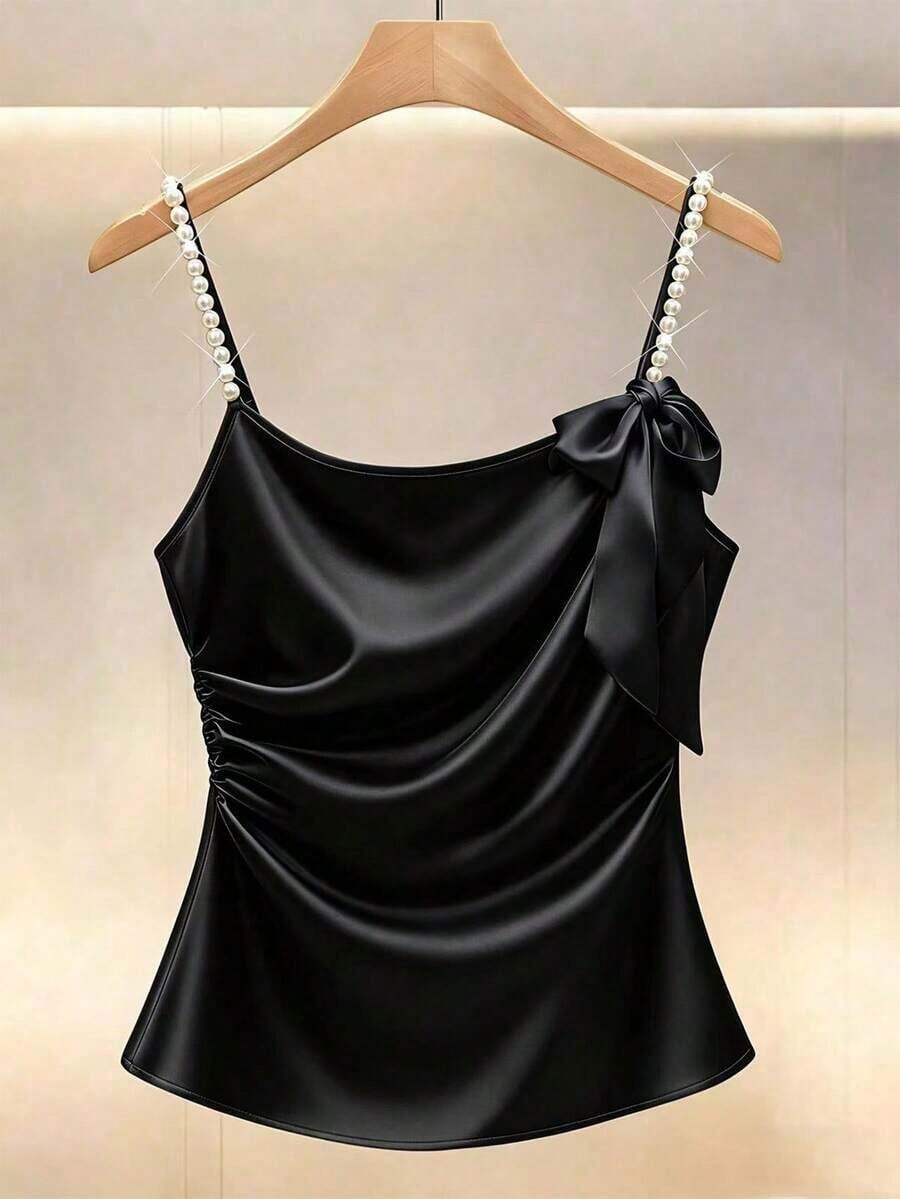 2026 Nueva Primavera/Verano Romántico Francés y Maduro Tela de Satén Lujoso Suave Camiseta de Perlas con Decoración de Lazo, Diseño Minimalista Elegante pero Sexy Blusa sin Mangas para Mujer - Negro - Ver 1