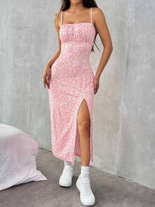 Vestido de playa para mujer con tirantes spaghetti y divisiones de tejido de punto impreso - Rosa Pálido - Ver 4