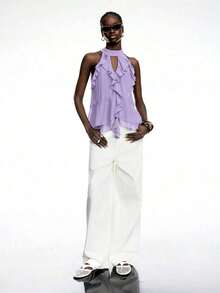 Top halter elegante de unicolor con volantes para mujer - Morado - Ver 2