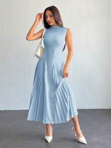 Vestido ajustado de línea A con pliegues elegante para mujer - Celeste - Ver 5