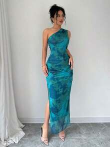 Vestido de noche de lujo para mujer, vestido sexy sin mangas con cuello asimétrico y estampado de teñido anudado - Verde - Ver 6