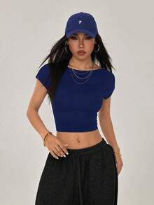 Camiseta negra con espalda abierta, adecuada para talla pequeña, para verano - Azul marino - Ver 6