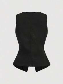 Top de mezclilla sin mangas para mujer, vaquero casual elástico y ajustado, de verano - Negro - Ver 2