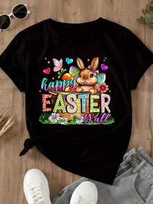 1 Piece Women's "Happy Easter" T-Shirt With Bunny, Basket, Eggs, Flowers And Hearts Design, For Spring, Holidays, Cute Easter T-Shirt, Fun Easter Gift, 180g, 100% Cotton - 黑色 - 查看 4
