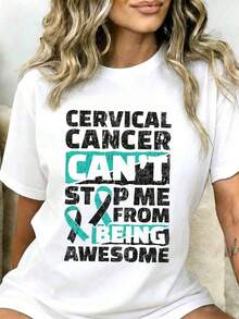 1 Piece Cervical Cancer Awareness T-Shirt "Cancer Doesn't Stop Me From Being Amazing" For Women, Teal Ribbon, Cancer Survivor Support Gift, 180g 100% Cotton - 白色 - 查看 12